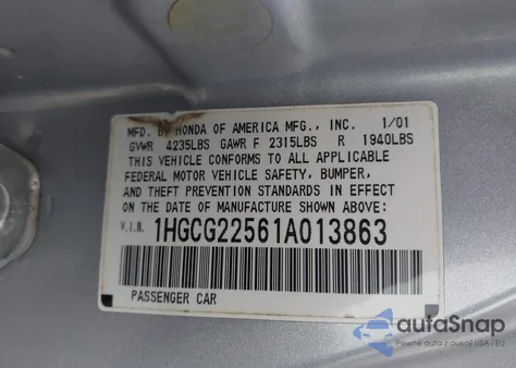 2001 Honda Accord 3.0 Ex z USA, uszkodzony, nr VIN 1HGCG22561A013863